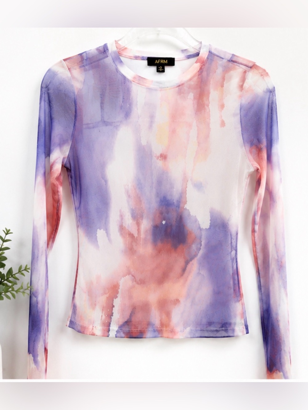 AFRM Long Sleeve Watercolor Crewneck Top - Purple, Pink & Cream